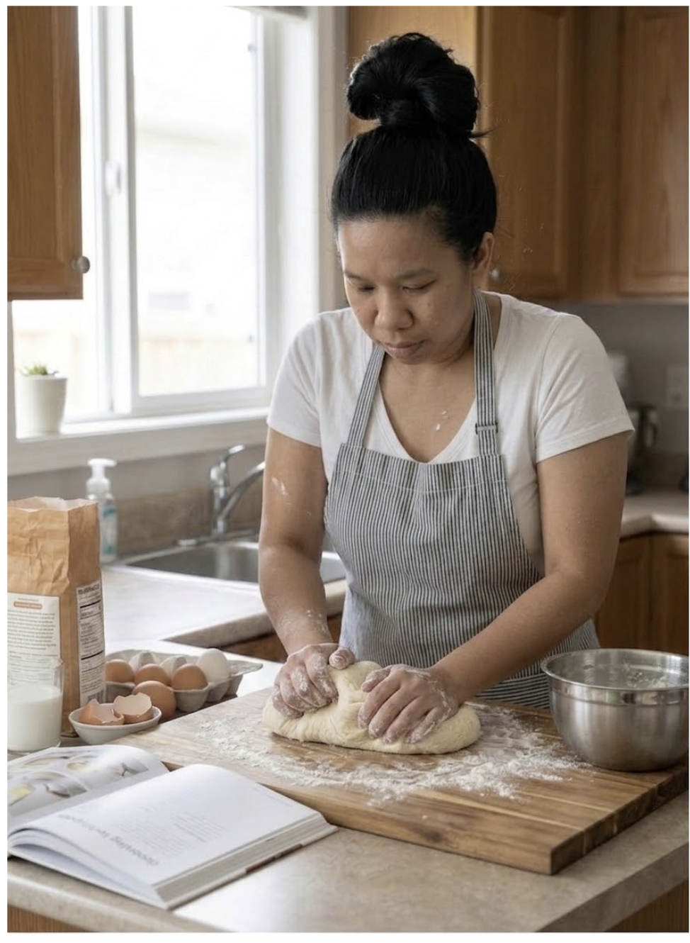 A woman wearing a striped apron kneading dough on a wooden cutting board in a kitchen with natural light from a window.