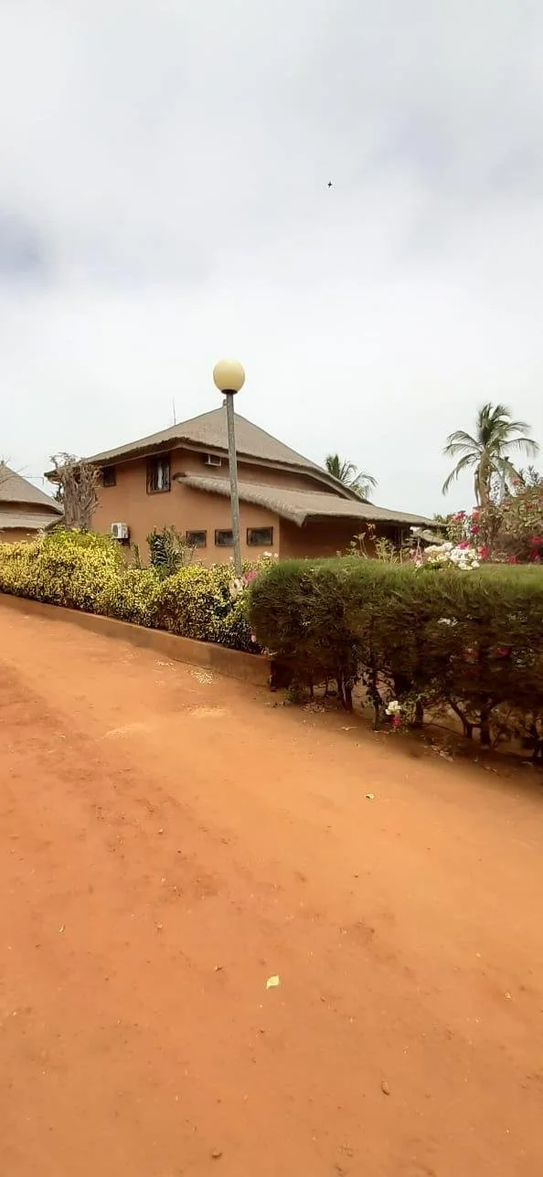 Une maison en style africain avec un toit en paille, entourée de buissons et d'arbre, sous un ciel nuageux, avec un lampadaire et un chemin en terre rouge.
