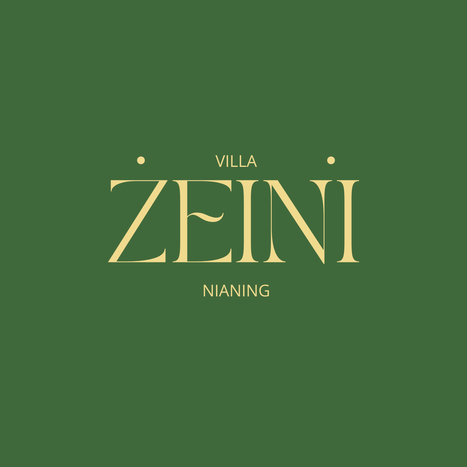 Logo vert avec le texte 'Villa ZENI NIANING' en lettres beige, texte stylisé et design élégant.