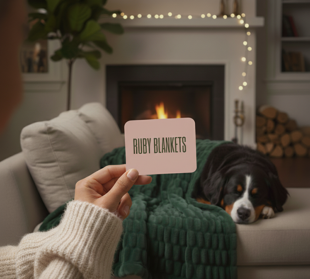 Person holding a card labeled 'Ruby Blankets' while a dog sleeps on a green blanket on a couch in front of a fireplace with fairy lights.