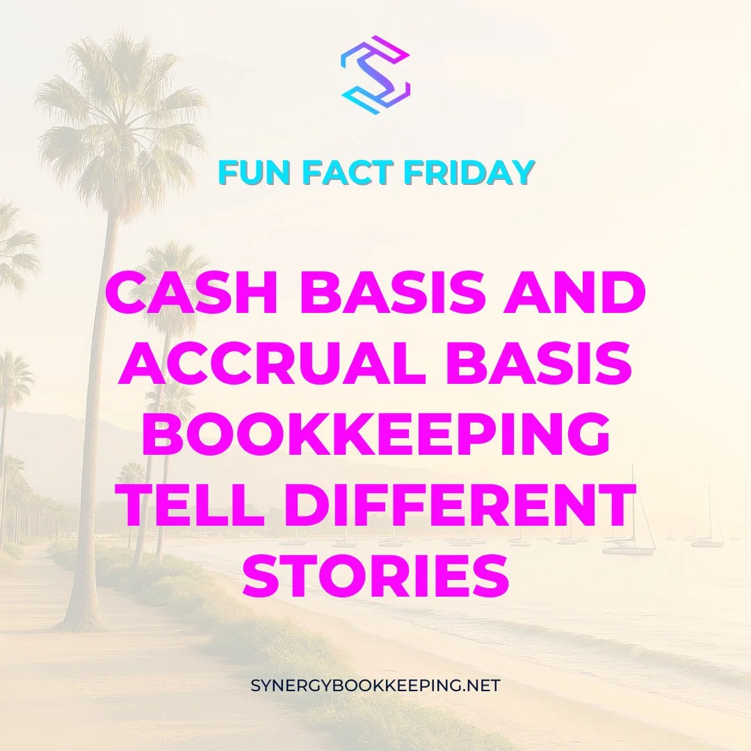 📊 Fun Fact Friday #23⁠
⁠
Cash basis and accrual basis bookkeeping tell different stories.⁠
⁠
Which one are you using? Is it the right one?⁠
⁠
Let&rsquo;s break it down.⁠
⁠
#accrualvscash #bookkeepingmethods #funfactfriday #synergybookkeeping
