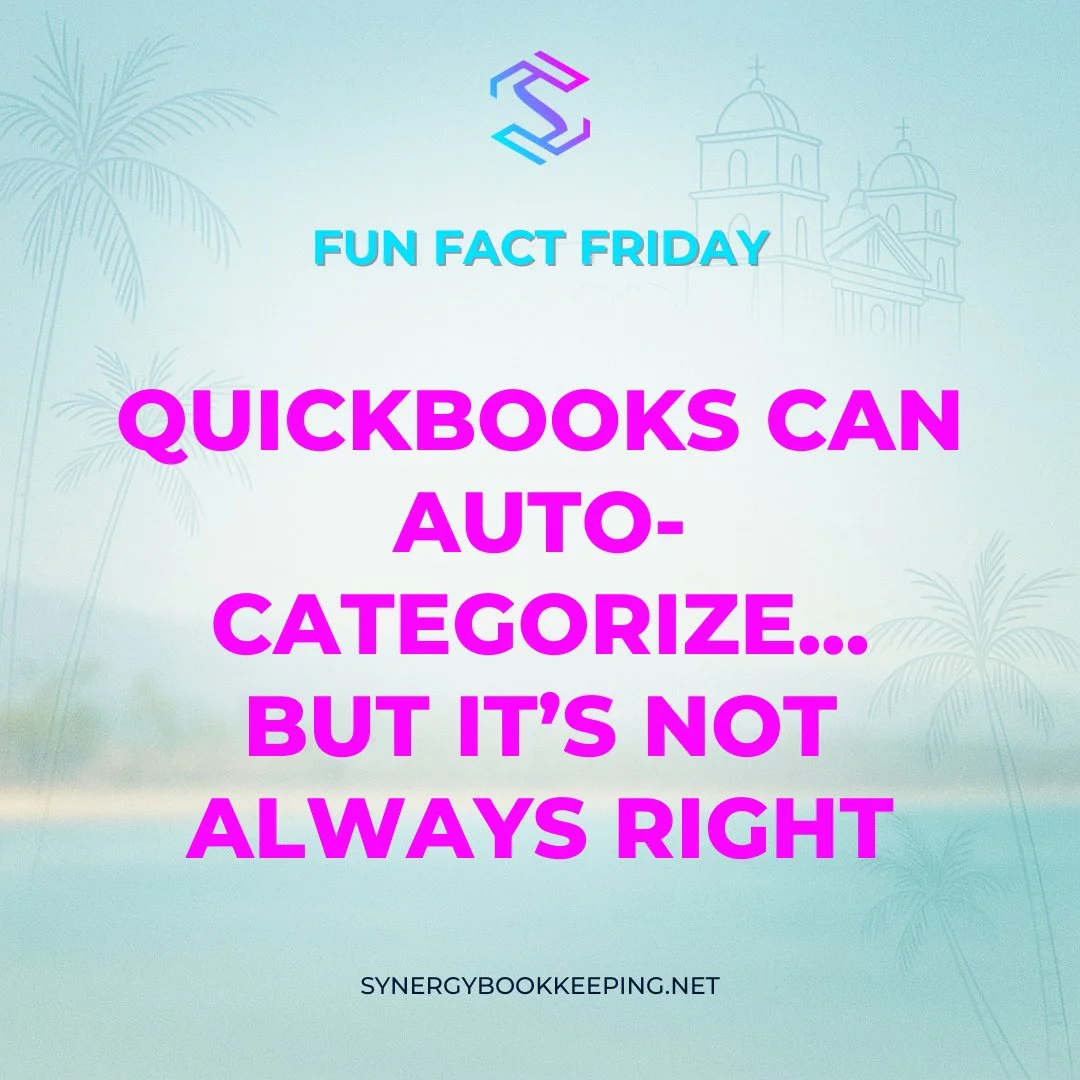 📊 Fun Fact Friday #33⁠
⁠
Auto-categorization in QBO is helpful&mdash;but not foolproof.⁠
⁠
👀 Always review for accuracy.⁠
⁠
Let&rsquo;s make sure your books aren&rsquo;t on autopilot.⁠
⁠
#quickbooksreview #bookkeepingbasics #funfactfriday #synergyb