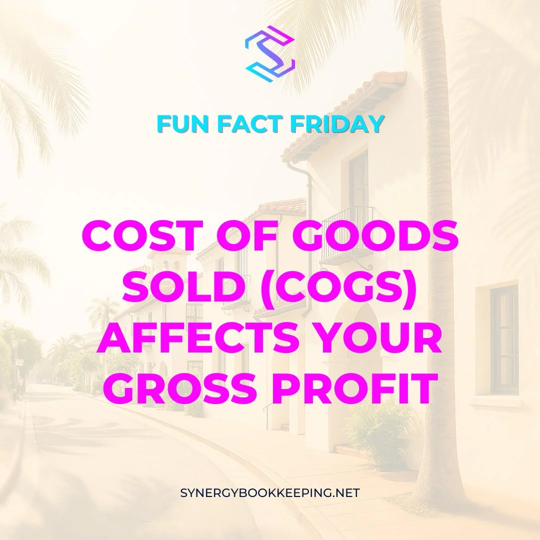 📊 Fun Fact Friday #36⁠
⁠
COGS isn't just an expense&mdash;it impacts your pricing, margins, and strategy.⁠
⁠
Let&rsquo;s make sure it&rsquo;s set up right.⁠
⁠
#cogsclarity #grossprofit101 #funfactfriday #synergybookkeeping