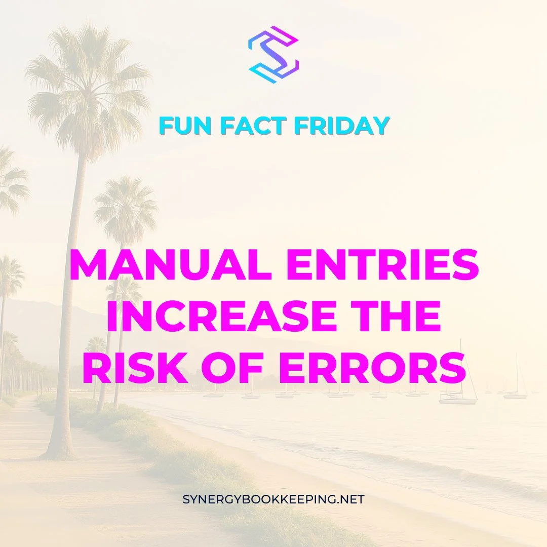 📊 Fun Fact Friday #39⁠
⁠
Manual entries = human mistakes.⁠
⁠
Let&rsquo;s streamline your process and cut down the risk.⁠
⁠
We&rsquo;re pros at automation and cleanup.⁠
⁠
#bookkeepingautomation #reduceerrors #funfactfriday #synergybookkeeping