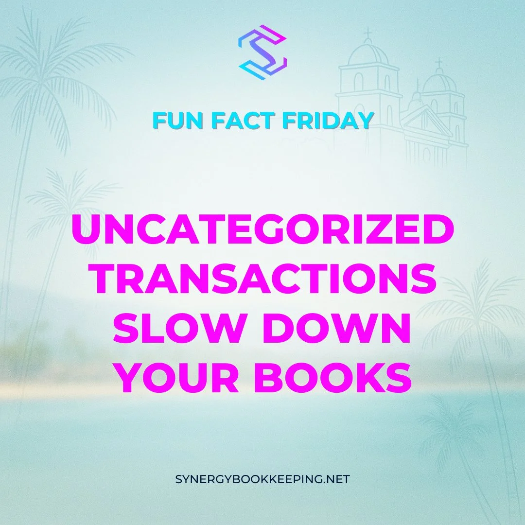 📊 Fun Fact Friday #45⁠
⁠
Uncategorized = unanswered questions.⁠
⁠
They delay reports, confuse your CPA, and cost you clarity.⁠
⁠
Let&rsquo;s clean them up.⁠
⁠
#transactioncleanup #claritycounts #funfactfriday #synergybookkeeping