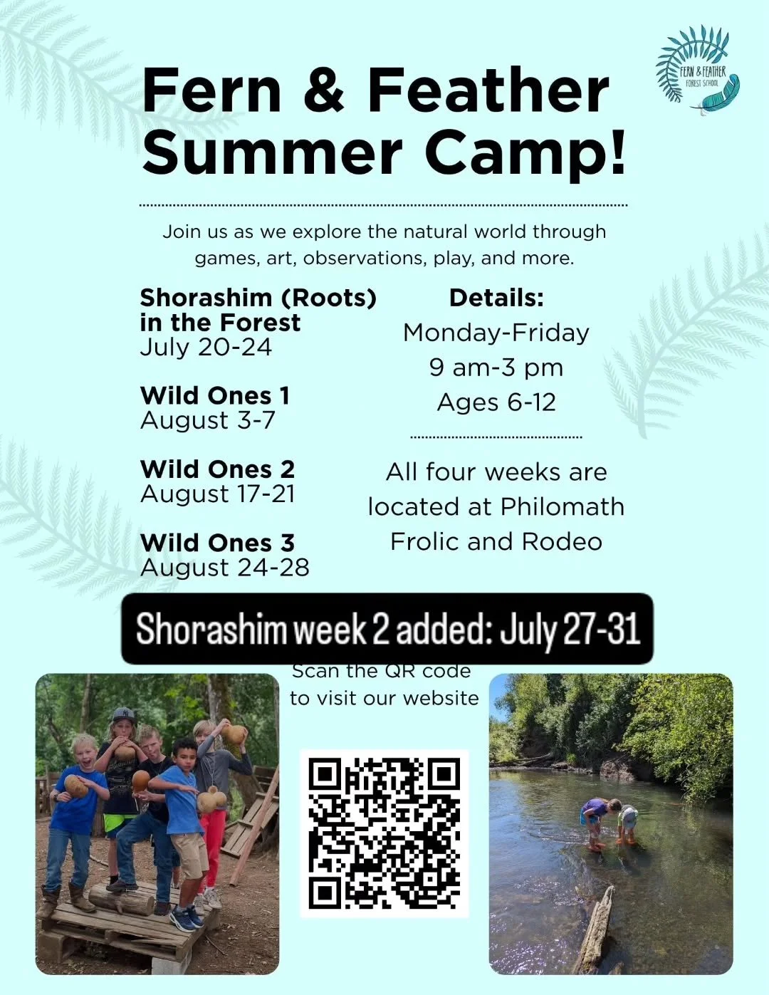 Camps are filling up fast! 
Register today! 

https://www.fernandfeatherforest.school/summer-camps

For the recently added Shorashim week two use this link: https://www.hisawyer.com/fern-feather-forest-school/schedules/activity-set/1846127