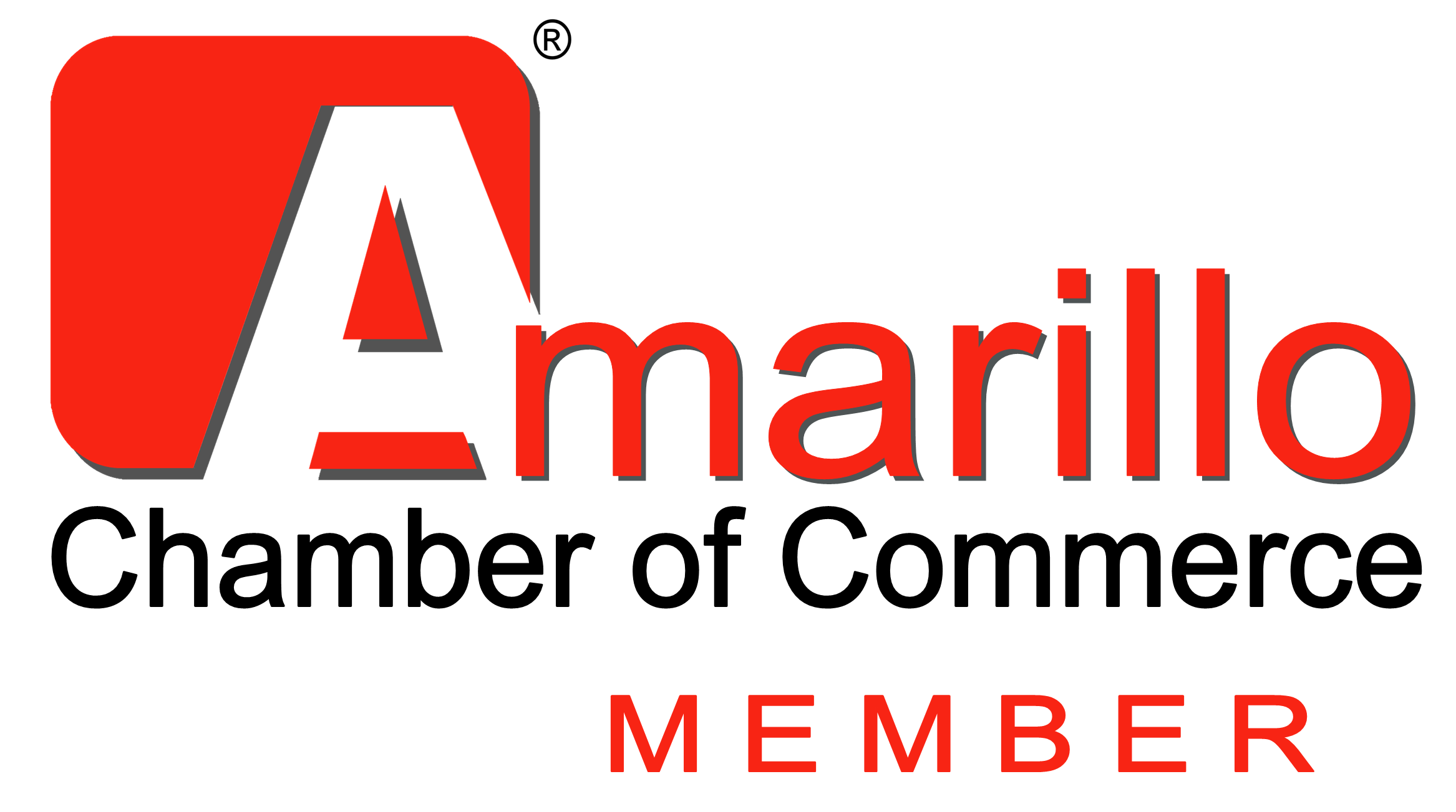 Red and black logo with the words 'Amarillo chamber of commerce' and 'MEMBER' below it, featuring a stylized letter 'A' in a red square.