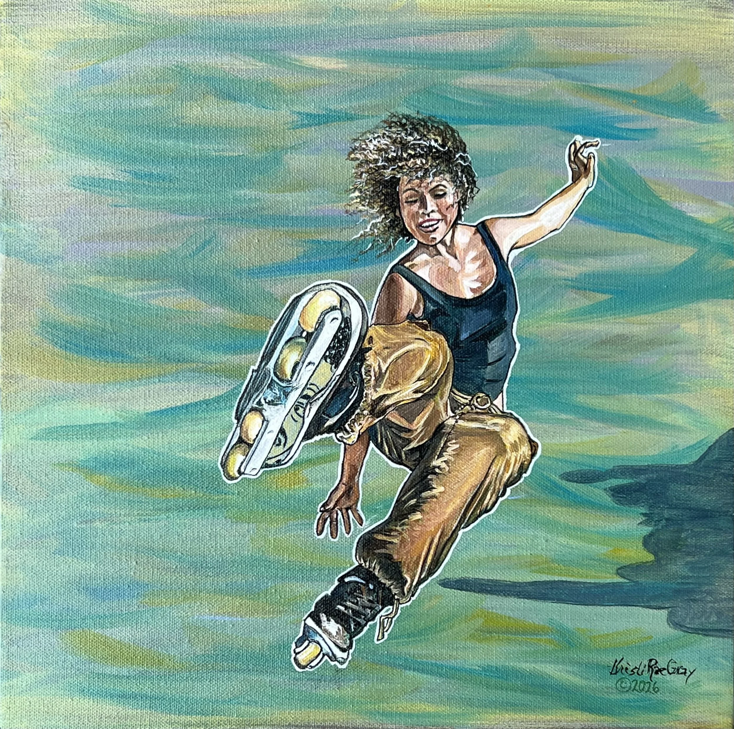 An amazing woman makes a jump on her in-line skates.