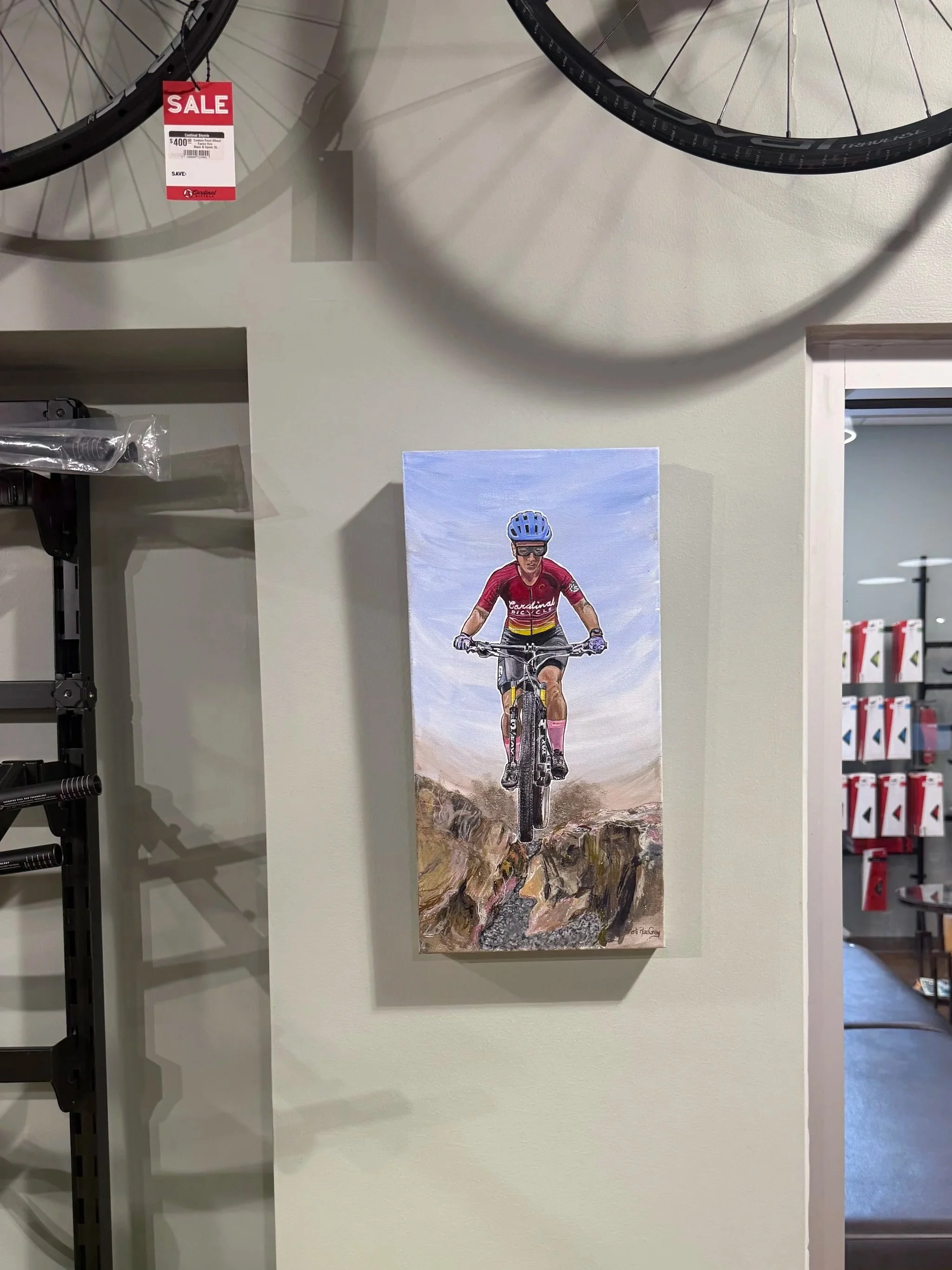 Original acrylic painting 10 inches by 20 inches of a female cyclist, mountain bike through rocks.