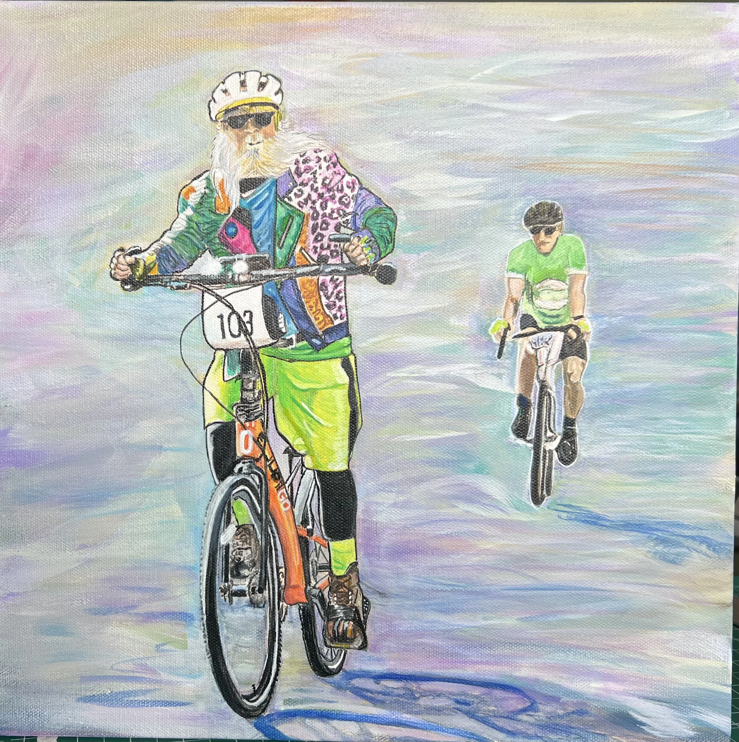 a man in fluorescent shorts and socks and a colorful jacket, who has a white beard and mustache riding an orange bicycle without a seat