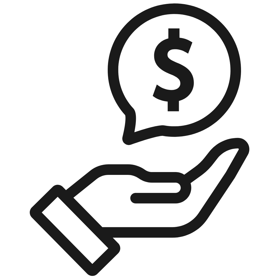 Outline icon of a hand holding a speech bubble with a dollar sign inside.