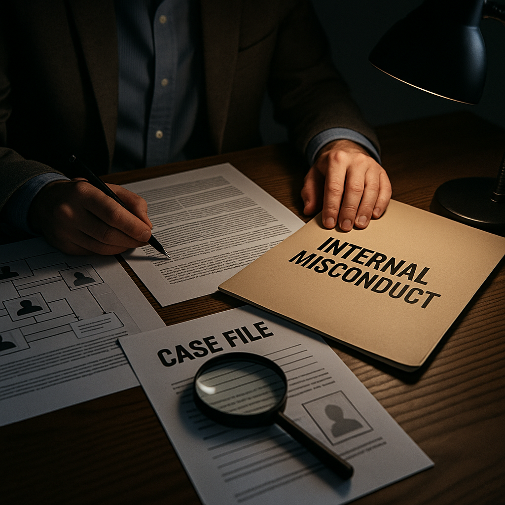 A dimly lit investigative workspace featuring a desk lamp illuminating a beige folder labeled "INTERNAL MISCONDUCT" Beside it are printed documents, a "CASE FILE" sheet, a magnifying glass, and organizational diagrams.