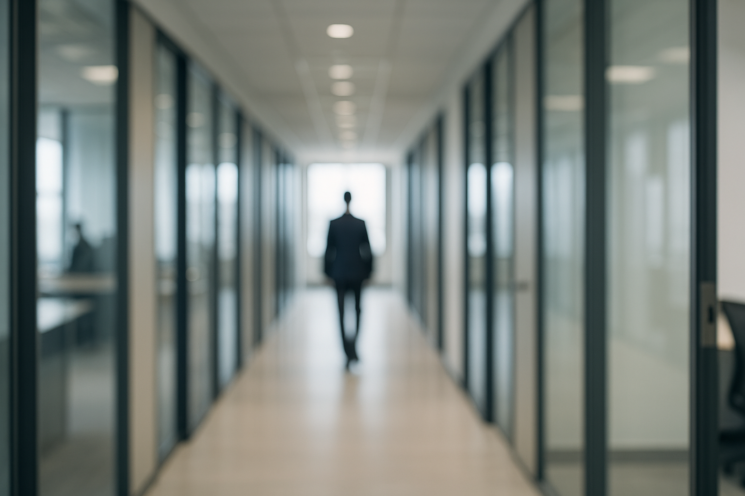 Blurred silhouette of a person walking through a glass-walled office corridor, representing clarity, structure, and the search for truth in workplace investigations