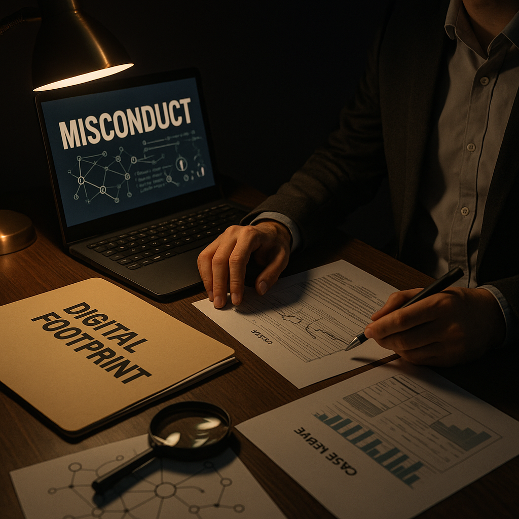 A dimly lit investigative desk scene showing a laptop displaying the word "MISCONDUCT" a beige folder labeled "DIGITAL FOOTPRINT" several case documents, and a magnifying glass. A person in a suit visible only from the shoulders down reviews evidence