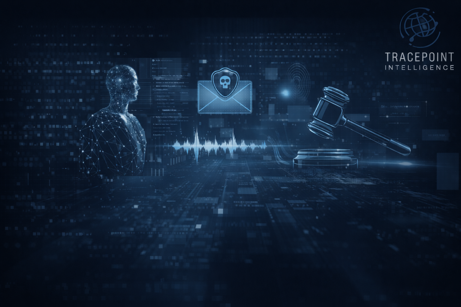 Abstract digital illustration representing AI-era workplace misconduct, digital evidence, and legal oversight in corporate investigations.