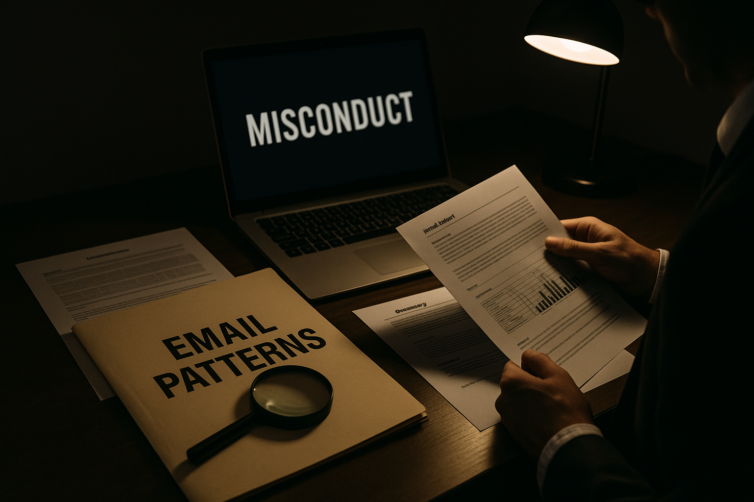 Investigator reviews email-pattern documents beside a laptop displaying “MISCONDUCT” in a dim, forensic workspace.