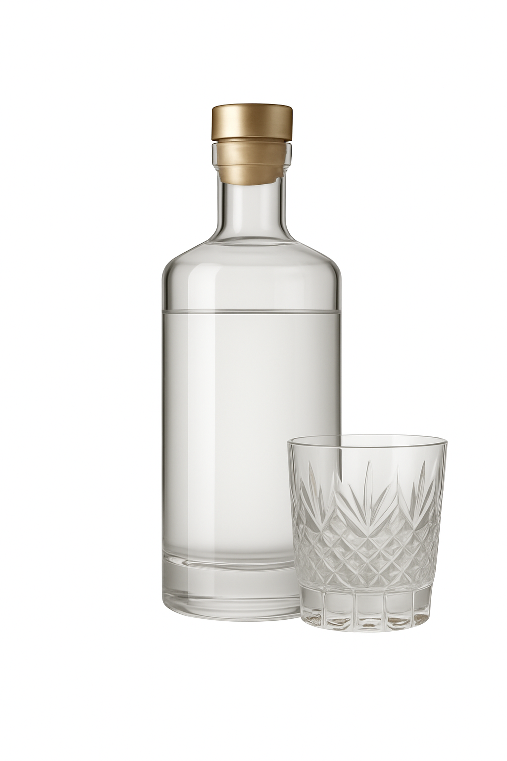 A clear glass bottle of water with a gold cap and a matching patterned glass filled with water.