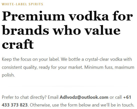 Text-based advertisement for white-label spirits, promoting premium vodka for brands that value craftsmanship.