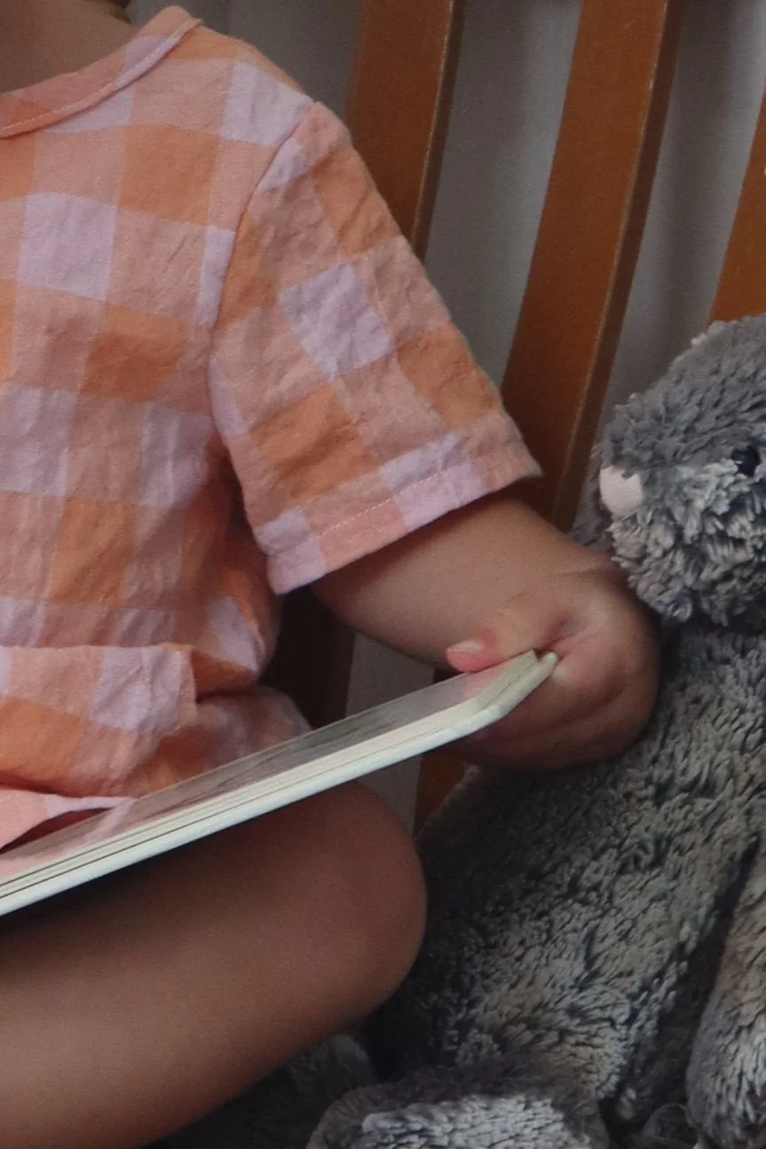 Person wearing an orange and white checkered shirt sitting on a chair, holding a book, with a plush gray stuffed animal nearby.