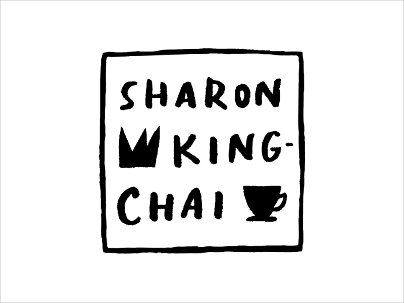 Black and white hand-drawn illustration with the text 'Sharon King Chai,' a tea cup, and a crown.