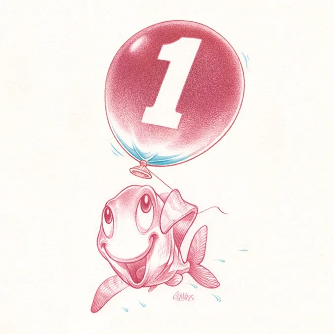 A cute cartoon fish holding a large pink balloon with the number 1 on it.