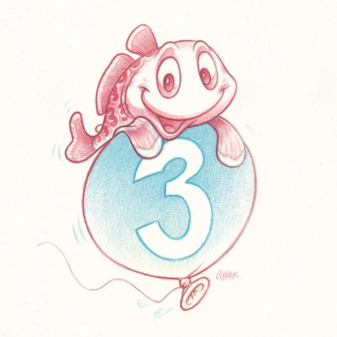 Colorful illustration of a cartoon fish riding a balloon with the number 3 on it, smiling happily.