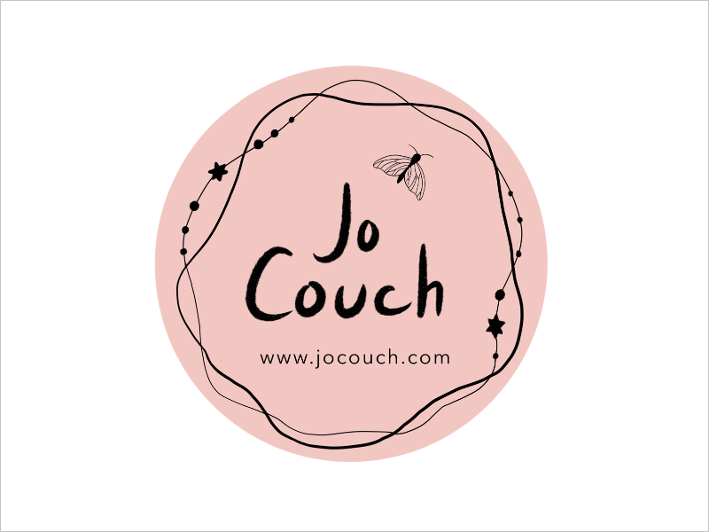 A logo with a pink circle background, black handwritten text that says "Jo Couch," a small bee illustration, and decorative elements like stars and dots around the circle, with the website URL "www.jocouch.com" at the bottom.