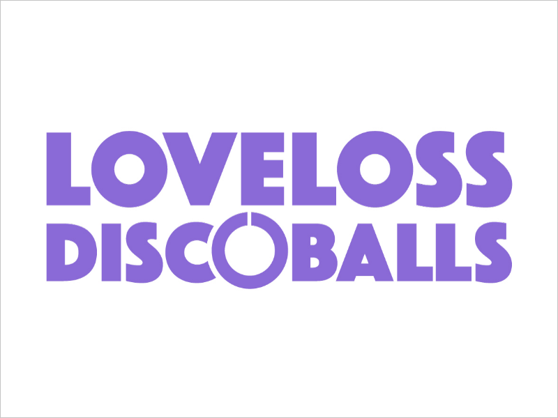 Text in purple letters reads "LOVELOSS DISC OBALLS" with a disc-shaped O in the word "DISC". The background is white.