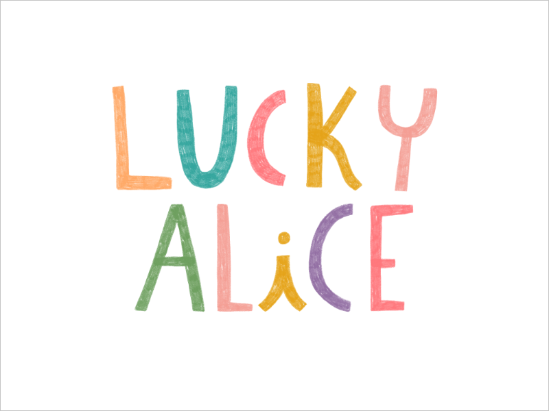 Colorful hand-drawn letters spelling 'LUCKY ALICE' on a white background.