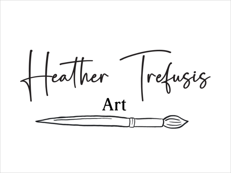 Logo for Heather Tresusis Art featuring handwritten-style text and a paintbrush illustration.