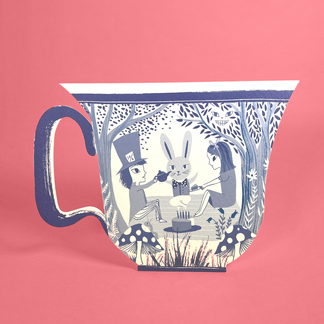 Illustration of Alice, the White Rabbit, and the Queen of Hearts from Alice in Wonderland, displayed on a tea cup with pink background.