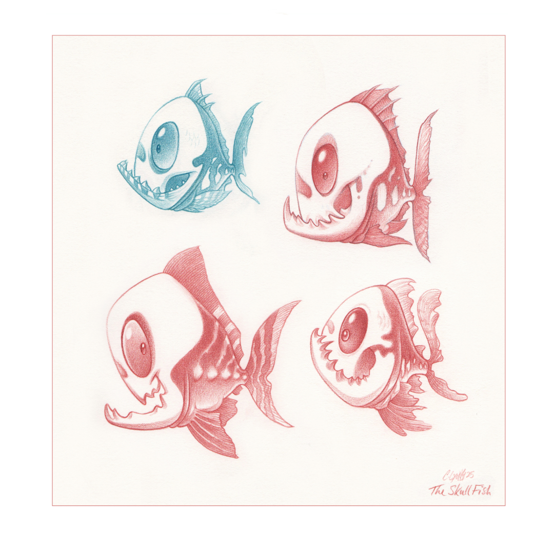 Drawing of four fish with skull faces, one in blue at the top left and three in red at the top right, bottom left, and bottom right, with stylized eyes and sharp teeth.
