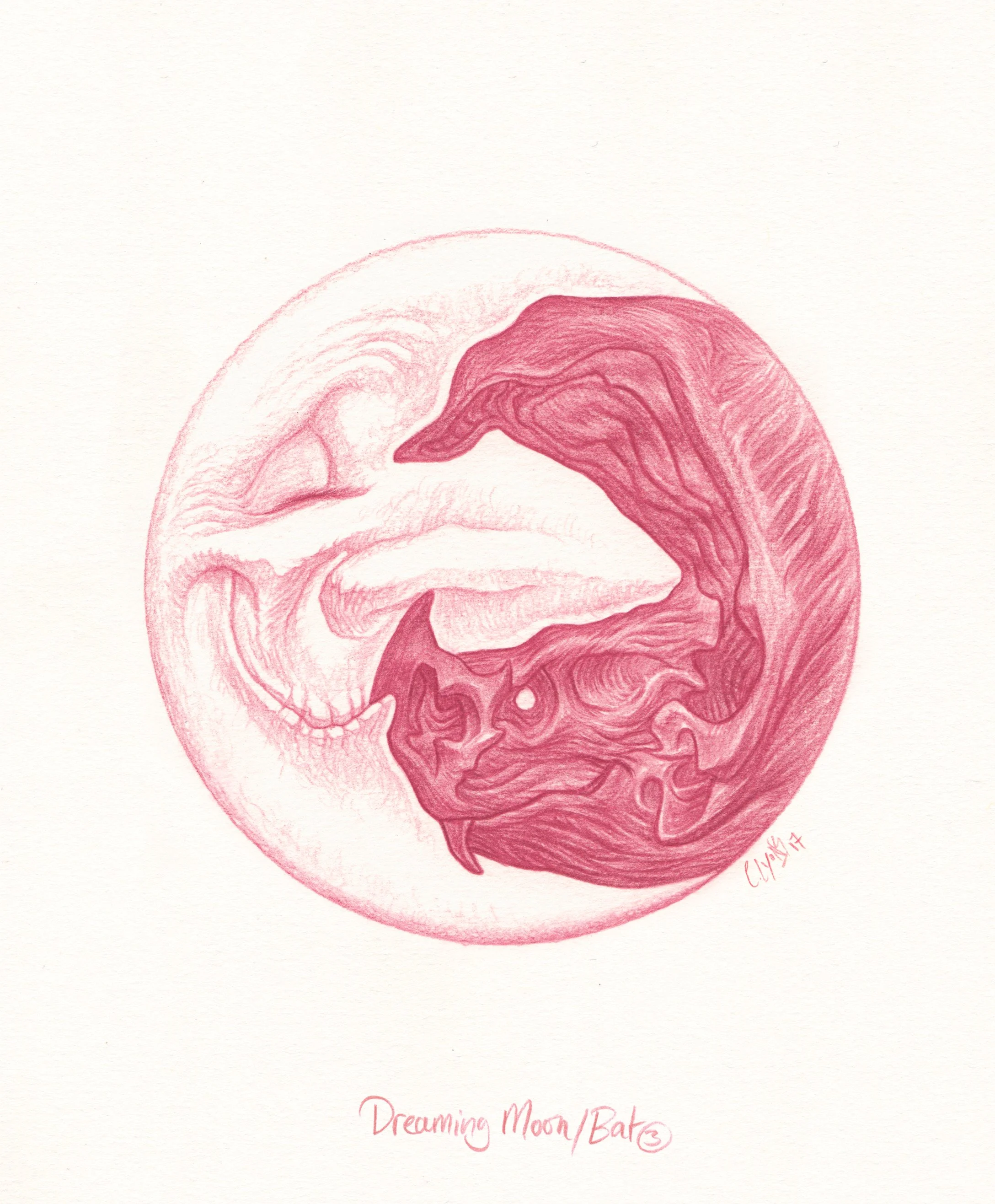 Pink and purple drawing of a bat inside a full moon, with the words 'Dreaming Moon/Bats' written below.