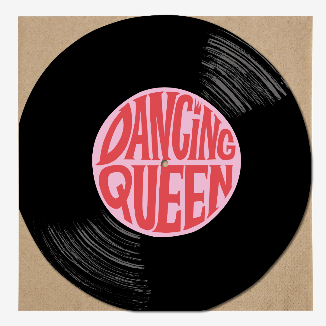 Black vinyl record with a pink label in the center reading "DANGING QUEEN" in stylized red lettering.