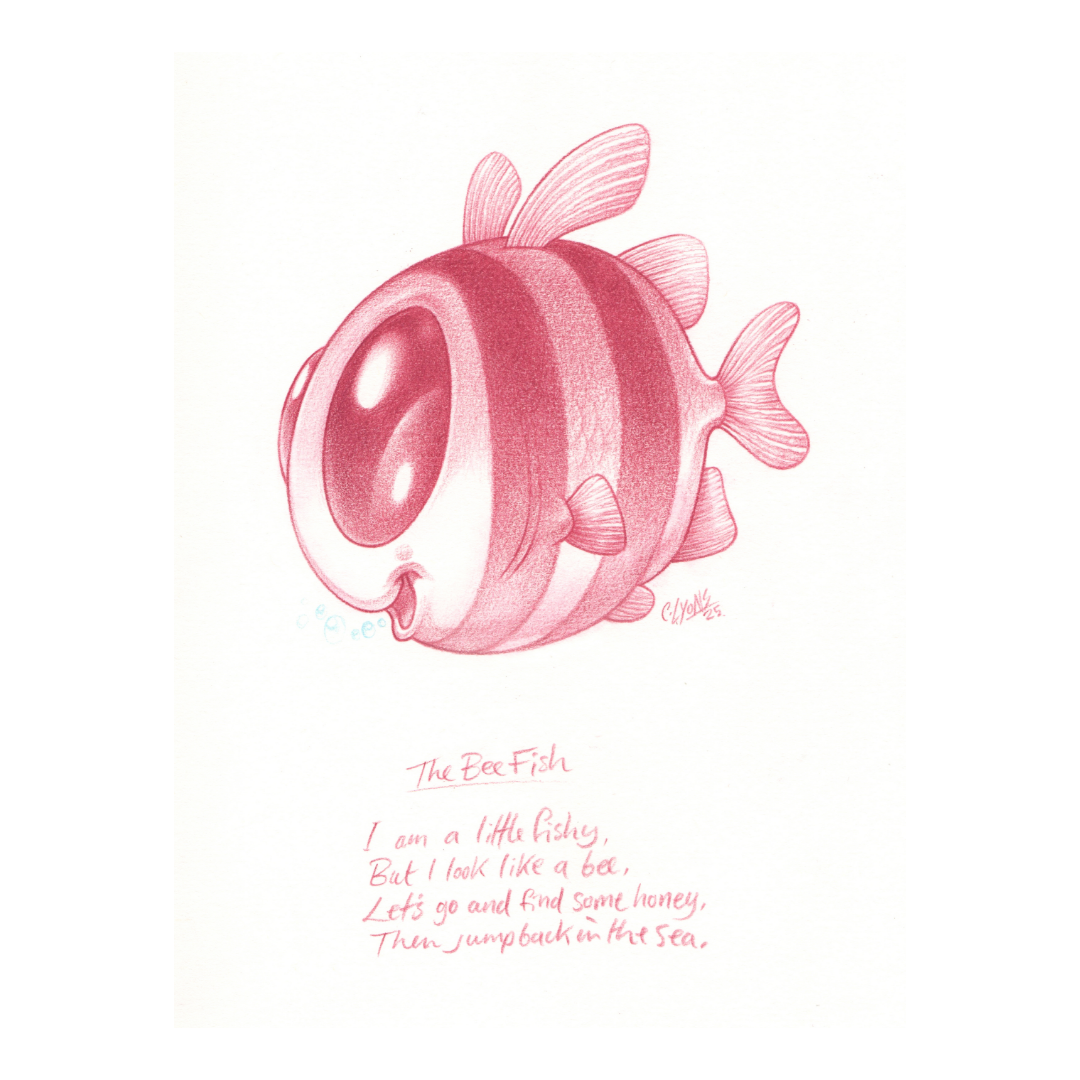 A cartoonish fish with a bee-like body, large eyes, and a happy expression, with a short poem about being a bee fish.