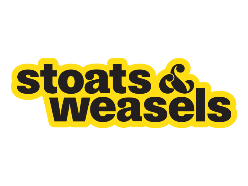 The text 'stoats & weasels' in bold black letters with a yellow outline on a white background.