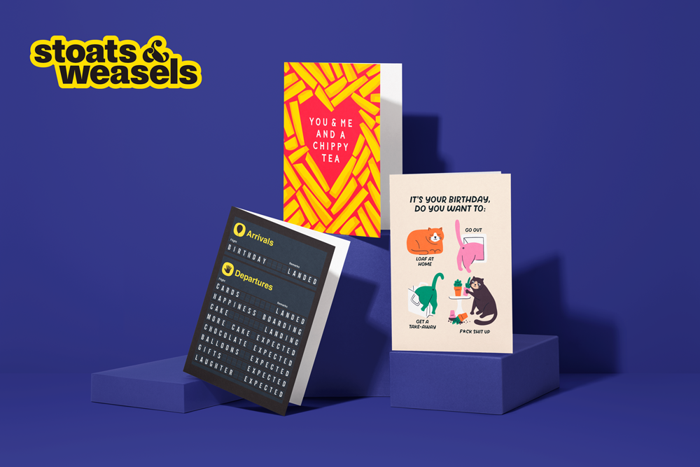 Three bold and humorous greeting cards on a blue background