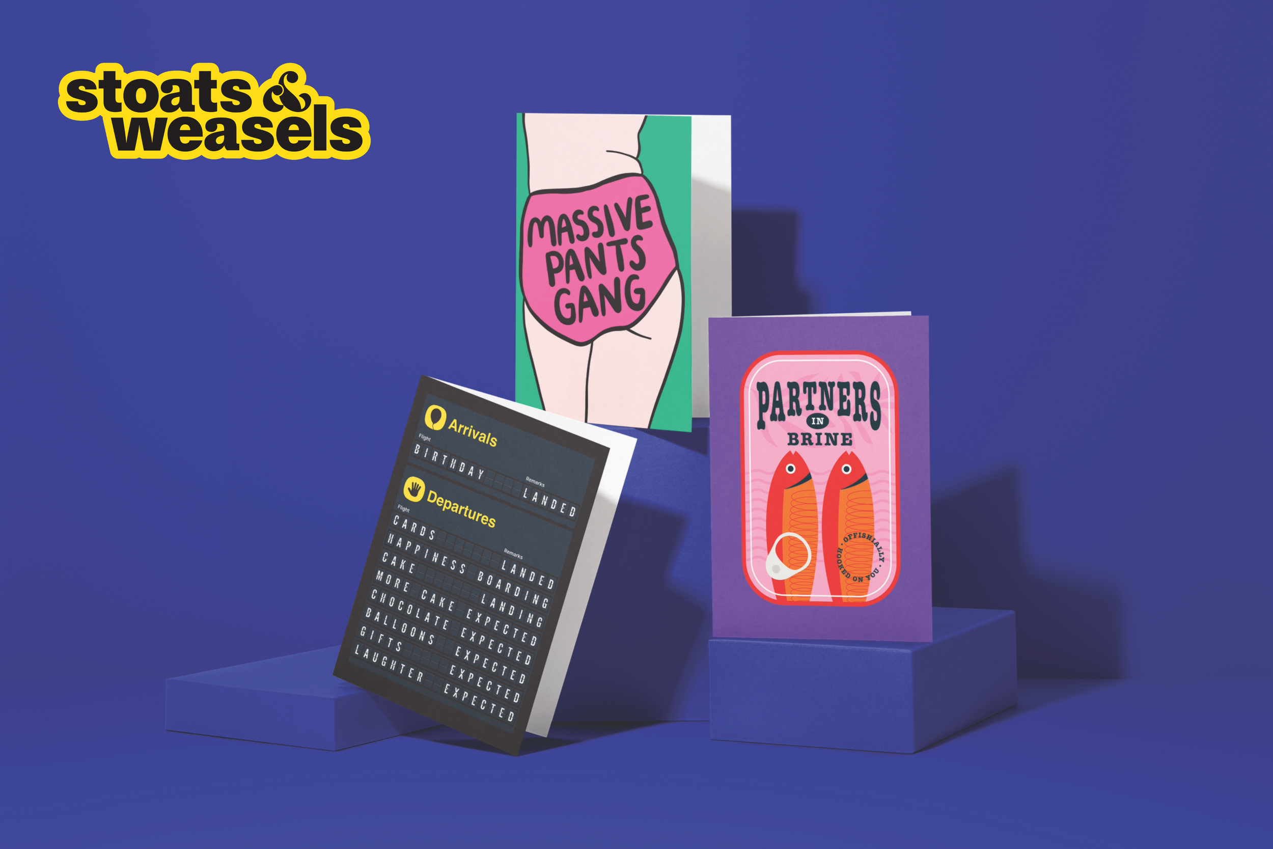 The text 'stoats & weasels' in bold black letters with a yellow outline on a white background.