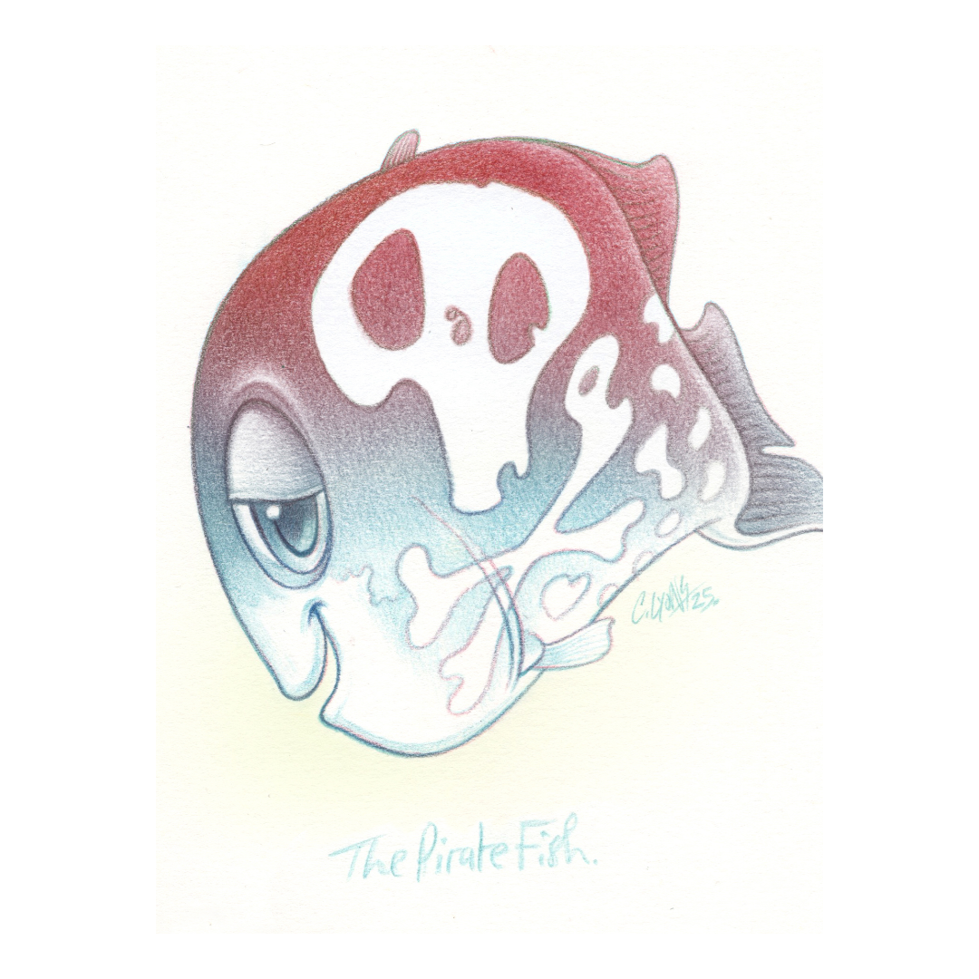 Cartoon fish with a skull pattern on its body, a playful expression, and the text "The Pirate Fish" beneath it.