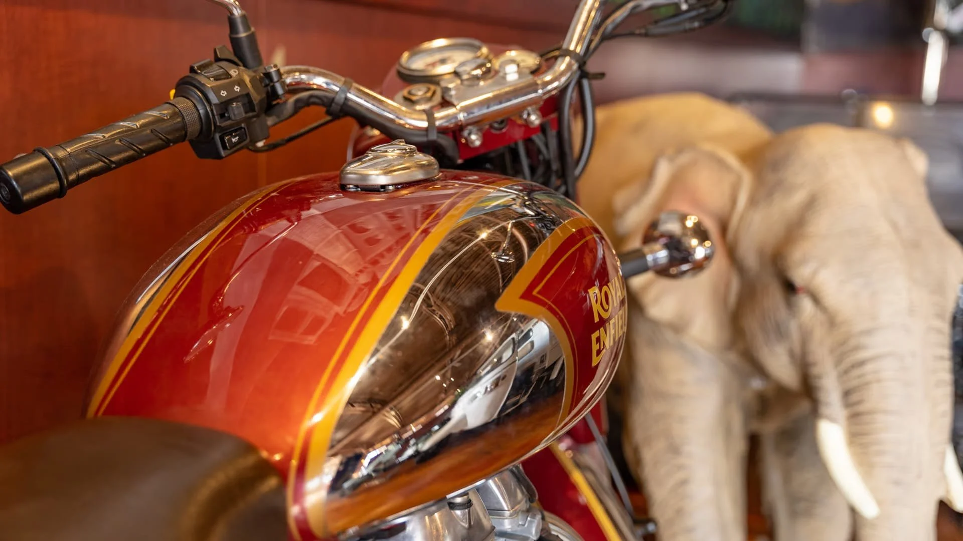 Close-up of a vintage Royal Enfield motorcycle with a red and chrome fuel tank, with a blurred background of an elephant image or sculpture.