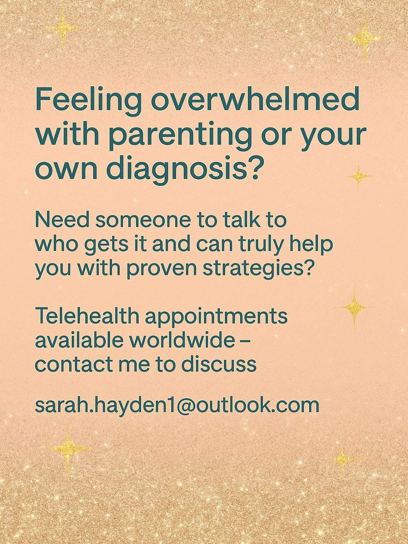 Feeling overwhelmed with your own diagnosis or parenting your child ? I currently have immediate capacity for Telehealth appointments from anywhere in the world 🫶