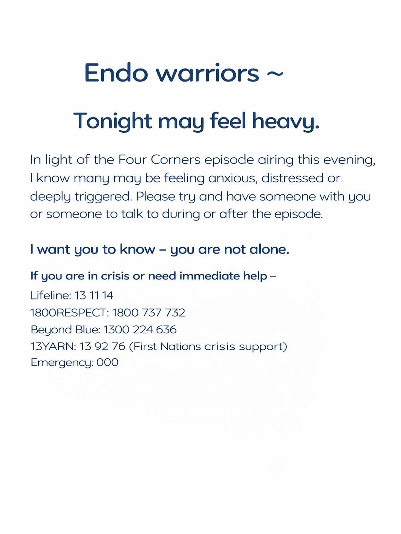 Sending love to all my fellow endo warriors tonight ~ if you&rsquo;re watching Four Corners please take care of yourselves 🫶