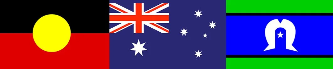 Three flags. The first the Aboriginal flag, Australian flag and Torres Strait Islander flag