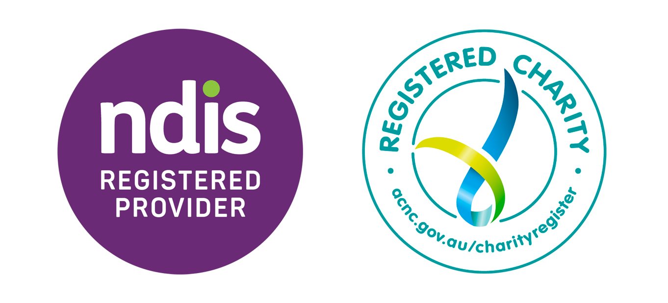 Two logos, one is the National Disability Insurance Scheme (NDIS) logo and the others is the Register Charity logo for Australian charities