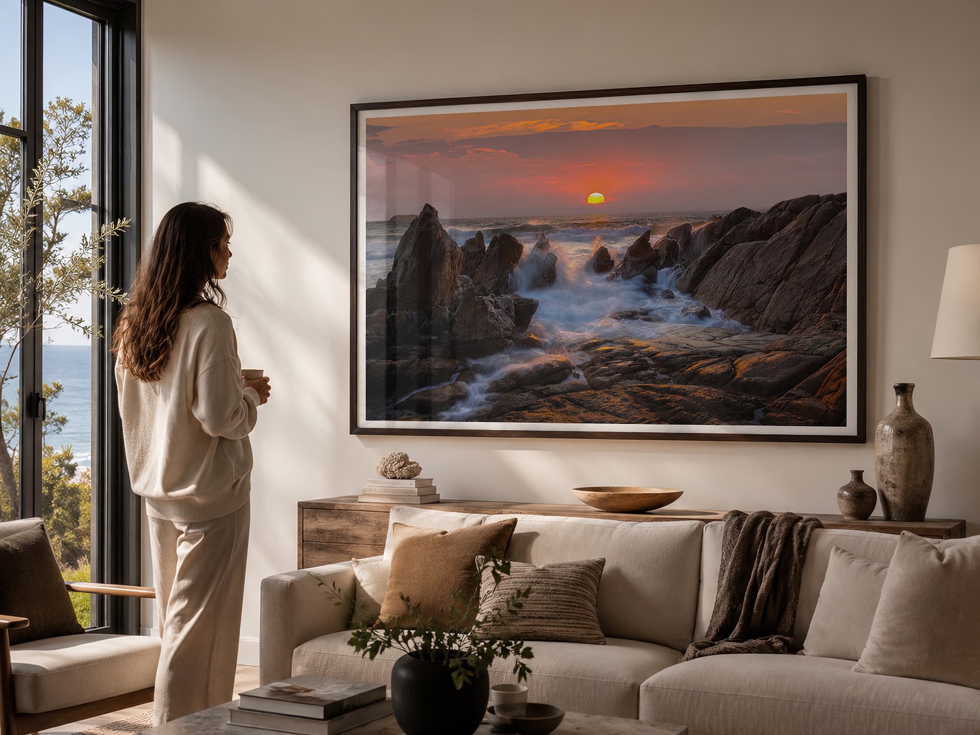 Bright coastal living room with a woman viewing a large framed sunrise seascape photograph with glass reflections above a light sofa by Nick Psomiadis at NIKART Studio and Gallery