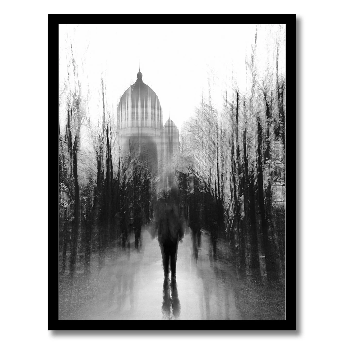 black and white abstract city park photograph with domed building