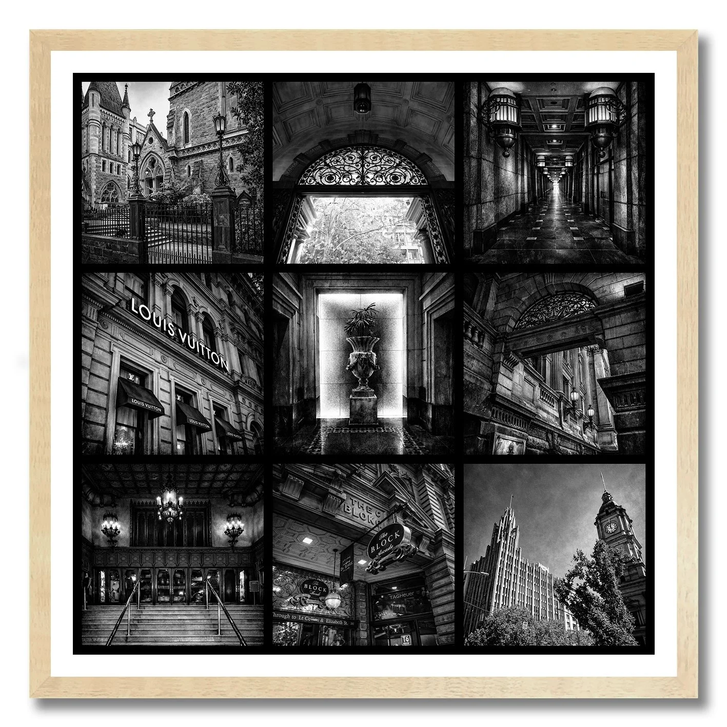 black and white photography collage of collins street melbourne architecture