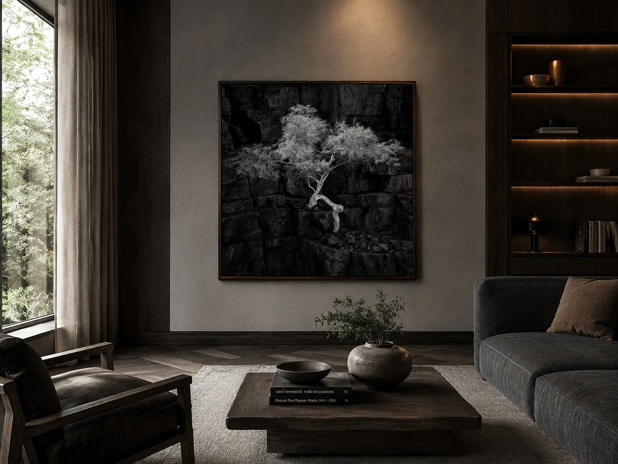 Dark wood-framed black-and-white snow gum canvas with luminous foliage against rugged rock in a moody minimalist living room with charcoal furnishings and natural window light, by Nick Psomiadis at NIKART Studio and Gallery