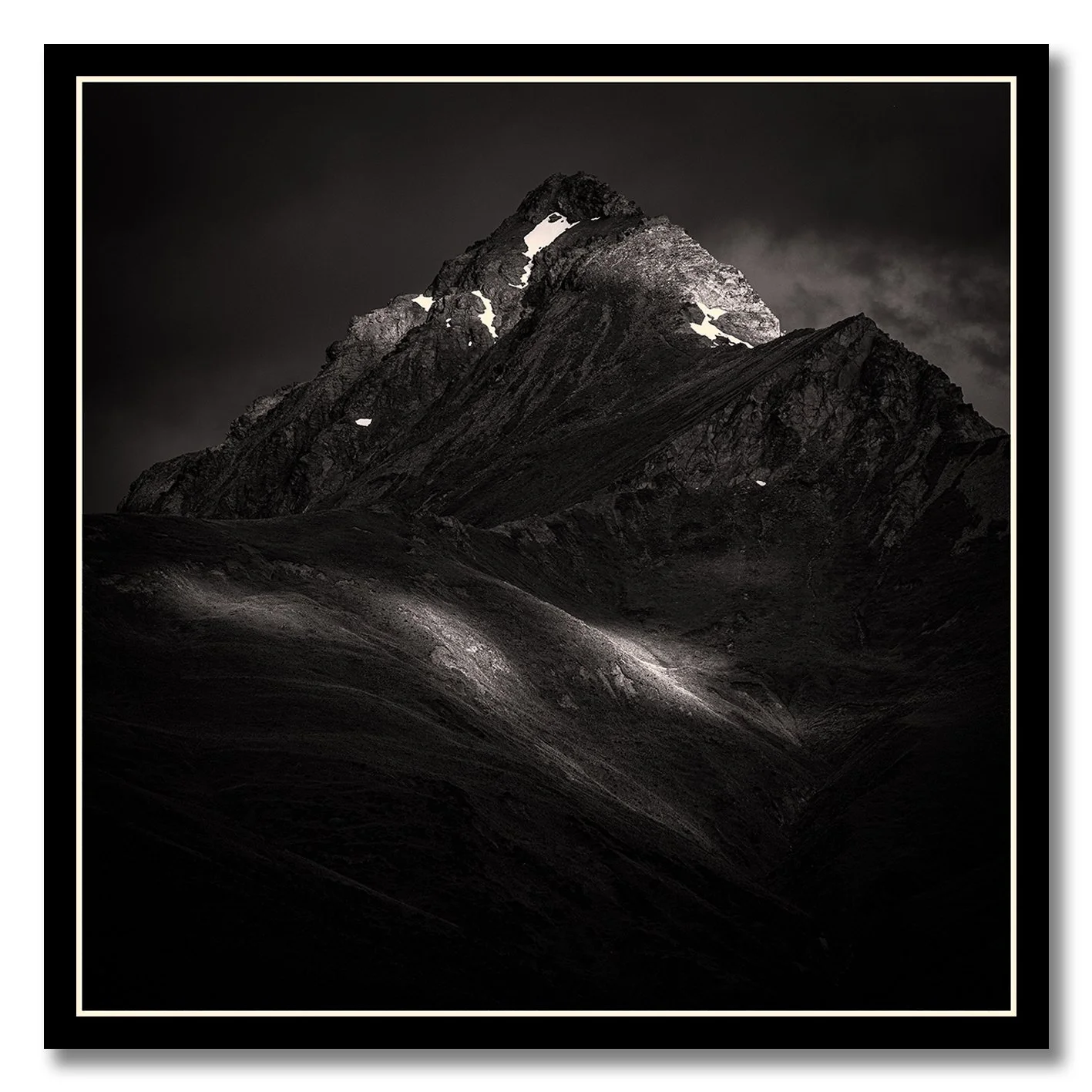 Black and white mountain landscape photograph in New Zealand