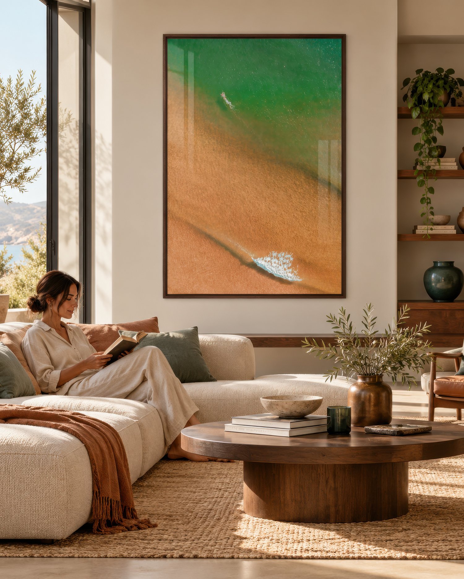 Aerial beach photograph in dark timber frame above a sofa in a sunlit lounge with a woman reading, by Nick Psomiadis at NIKART Studio and Gallery.